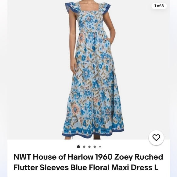 House of Harlow 1960 Zoey Ruched Flutter Sleeves Blue Floral Maxi Dress Size M - Picture 12 of 12